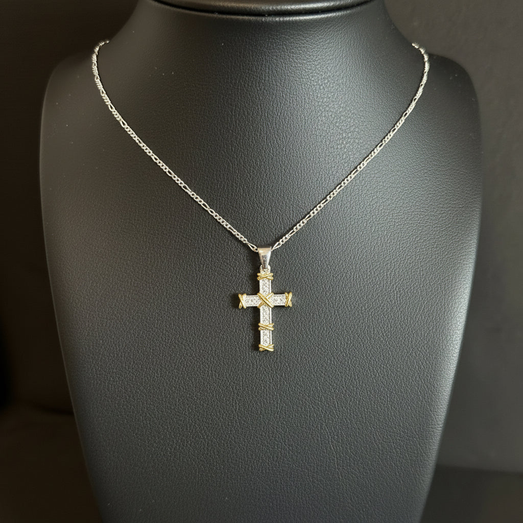 925er Silber - Kreuzkette mit Zirkonia Steinen - 50 cm - 5 gramm