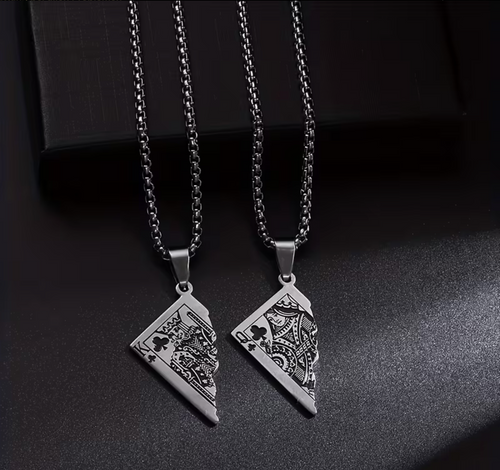 2er Set - Edelstahl Halsketten - Halbspielkarte König u. Königin - Partnerlook - 60 cm